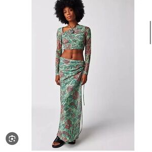 Free People Supernova Asymmetrical Ruched Mesh Printed top Skirt Set